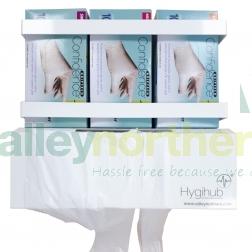 front view of the Hygihub&reg; glove and apron dispenser in action